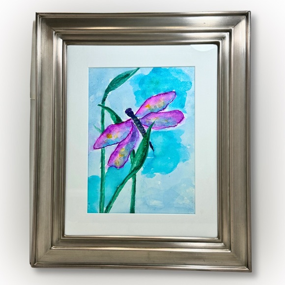 HAND PAINTED Watercolor Painting Blue Pink  Dragonfly WITH 11x13” Silver Frame - Picture 3 of 4